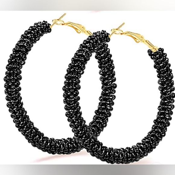 New Large Black Beaded Hoops Beads Hoop Earrings Fun Bohemian Statement - Picture 2 of 4